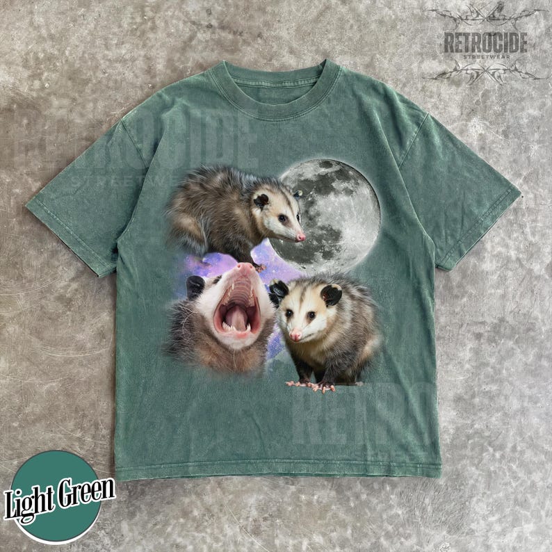 May include: Light green t-shirt with a graphic of three opossums, a full moon, and a galaxy background. The shirt has the text "Light Green" at the bottom left. The brand name "RETROCIDE" is printed at the top right.