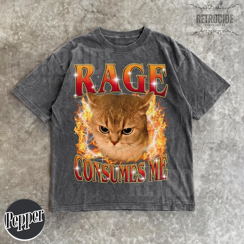 Puede incluir: Una camiseta gris carb&oacute;n de manga corta con un gr&aacute;fico de un gato rodeado de llamas naranjas y amarillas. El texto RAGE est&aacute; impreso en rojo sobre el gato, y el texto CONSUMES ME est&aacute; impreso en rojo debajo del gato en una fuente negrita.