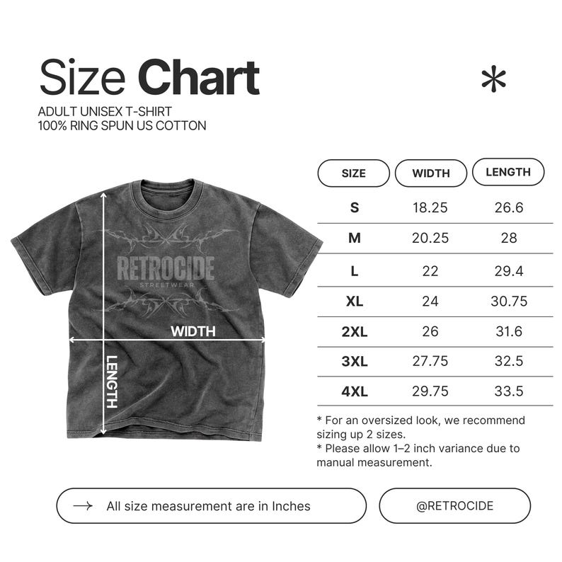 Puede incluir: Una tabla de tallas para una camiseta gris carb&oacute;n hecha de 100% algod&oacute;n estadounidense hilado en anillo. El gr&aacute;fico muestra la camiseta con flechas de ancho y largo y una tabla que enumera las tallas de la S a la 4XL con medidas en pulgadas.