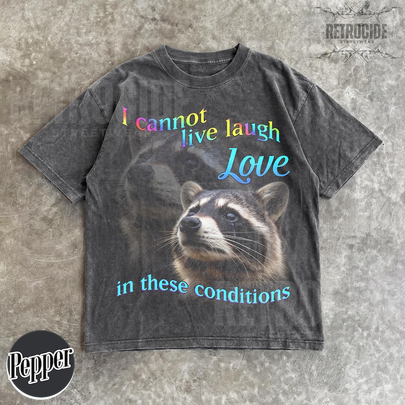 May include: A charcoal gray short-sleeve t-shirt featuring a graphic of a raccoon. The text reads I cannot live laugh Love in these conditions in a gradient of blue, pink, and yellow. The shirt has a faded, washed-out appearance throughout.