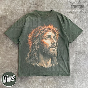 Camiseta vintage de los 90 con estampado de Jesús, colores cómodos, camiseta con retrato de Jesús, camiseta de Pascua, camiseta cristiana de Pascua, camiseta retro extragrande lavada R763 imagen 8