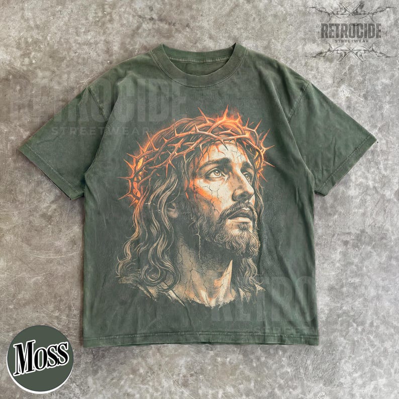 Camiseta vintage de los 90 con estampado de Jesús, colores cómodos, camiseta con retrato de Jesús, camiseta de Pascua, camiseta cristiana de Pascua, camiseta retro extragrande lavada R763 imagen 8