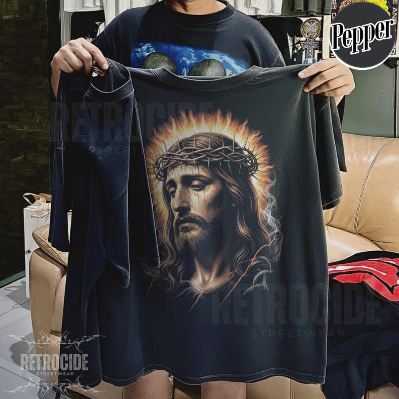 Jesus Vintage 90s Graphic Comfort Colors Shirt, Jesus Portrait Shirt, Easter Shirt, Christian Easter Shirt, Retro Washed Oversize Shirt R356 image 3