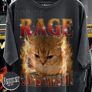 Puede incluir: Una camiseta gris carb&oacute;n de manga corta con un gr&aacute;fico de un gato marr&oacute;n rodeado de llamas naranjas y amarillas. El texto RAGE aparece en letras grandes rojas y amarillas sobre el gato, y CONSUMES ME aparece en letras similares debajo.