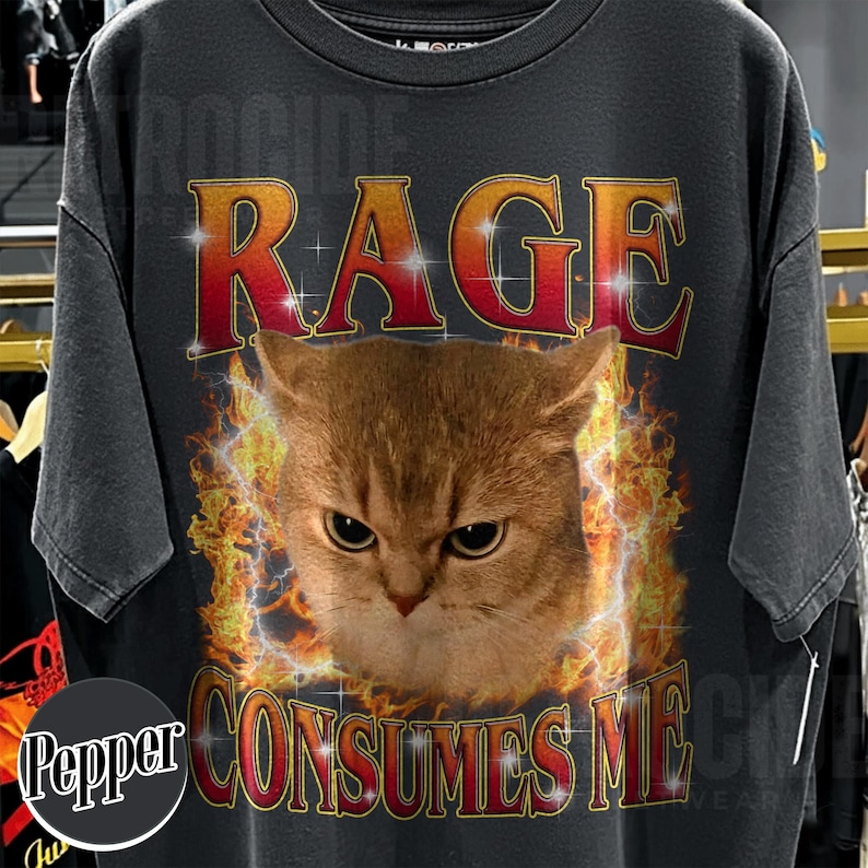 Puede incluir: Una camiseta gris carb&oacute;n de manga corta con un gr&aacute;fico de un gato marr&oacute;n rodeado de llamas naranjas y amarillas. El texto RAGE aparece en letras grandes rojas y amarillas sobre el gato, y CONSUMES ME aparece en letras similares debajo.