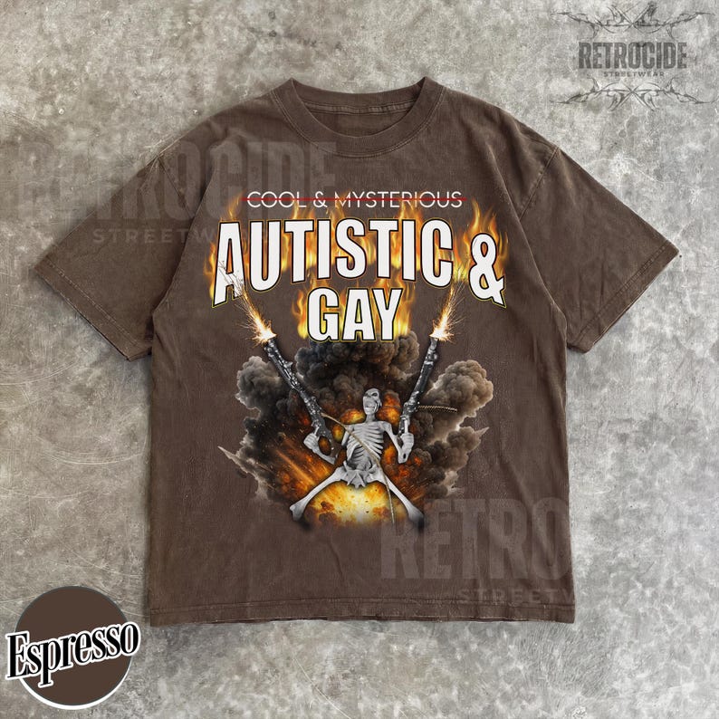 May include: Espresso-colored t-shirt with the text "COOL & MYSTERIOUS AUTISTIC & GAY" in white. A skeleton figure is holding two guns with flames and smoke. The shirt has a vintage streetwear style.