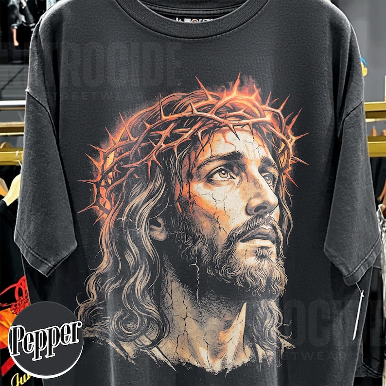 Camiseta vintage de los 90 con estampado de Jesús, colores cómodos, camiseta con retrato de Jesús, camiseta de Pascua, camiseta cristiana de Pascua, camiseta retro extragrande lavada R763 imagen 2