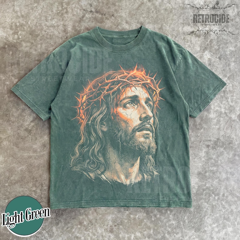Camiseta vintage de los 90 con estampado de Jesús, colores cómodos, camiseta con retrato de Jesús, camiseta de Pascua, camiseta cristiana de Pascua, camiseta retro extragrande lavada R763 imagen 5