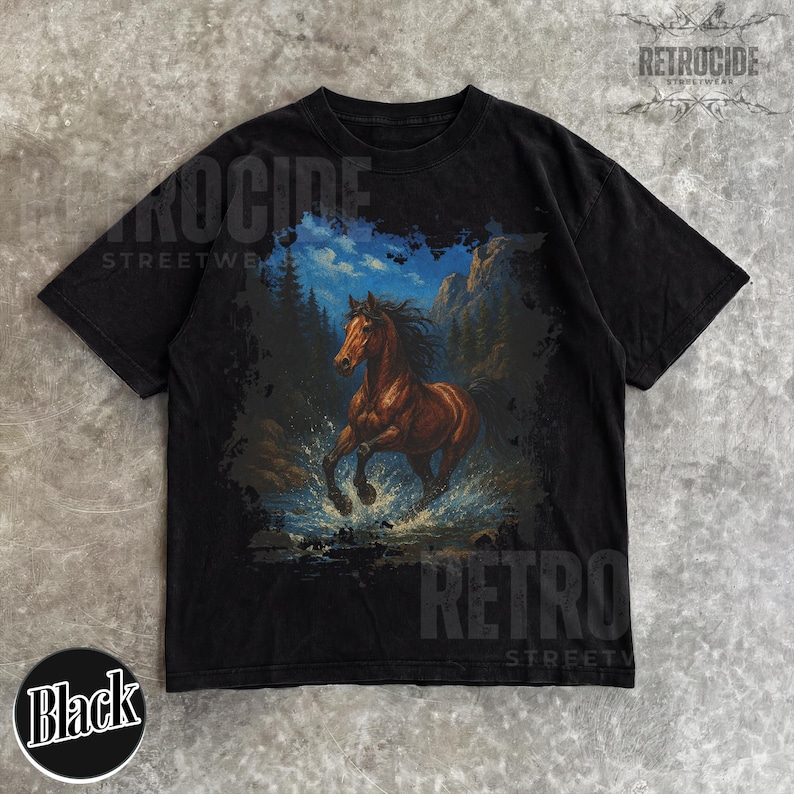 May include: Black t-shirt with a brown horse illustration, running through water, with a mountain and tree backdrop under a blue sky. The shirt has the text "RETROCIDE STREETWEAR" and a "Black" label.