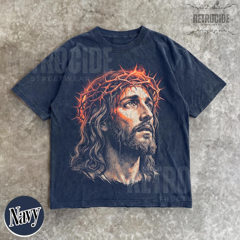 Camiseta vintage de los 90 con estampado de Jesús, colores cómodos, camiseta con retrato de Jesús, camiseta de Pascua, camiseta cristiana de Pascua, camiseta retro extragrande lavada R763 imagen 4