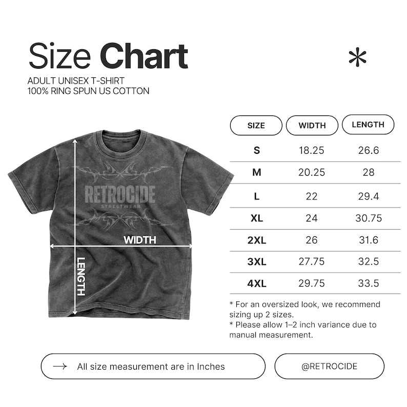 May include: A size chart for a charcoal grey t-shirt made of 100% ring spun US cotton. The image displays the shirt with width and length measurement arrows and a table listing sizes S through 4XL with corresponding dimensions in inches.