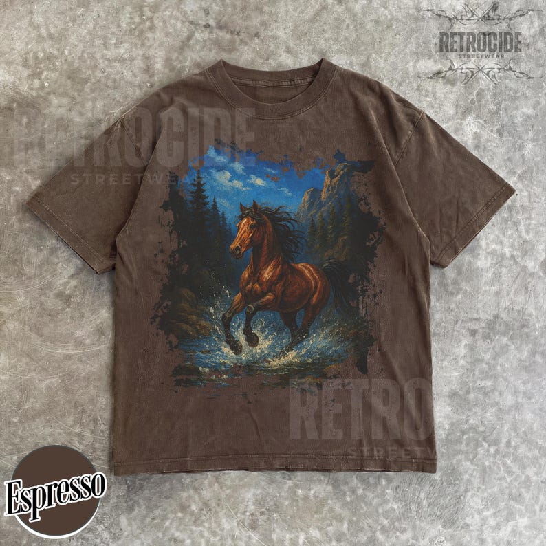 May include: Espresso-coloured t-shirt with a brown horse graphic running through water, set against mountains and trees. The shirt has a vintage, distressed look with the text "RETROCIDE STREETWEAR" printed on it.