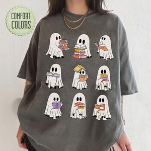 Comfort Colors® Cute Ghost Reading Book Halloween Tshirt, Ghost Reading Book Girly Shirt, Ghost Girly Halloween Gift, Trendy Halloween Gift