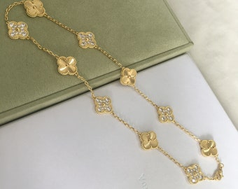 Authentic Van Cleef 18K gold and diamond Necklace,Vintage ALHAMBRA Lucky Four Leaf Clover,10 Motif Clover necklace,Clove necklace