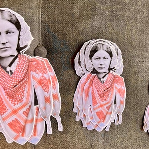 May include: Three different sizes of stickers featuring a black and white image of a woman wearing a white cap and a red and white patterned scarf.