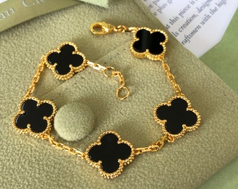 Authentic VAN CLEEF 18K Yellow Gold black onyx 5 Motifs Vintage Alhambra Bracelet