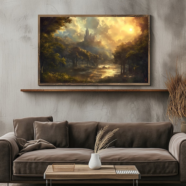 Burg im Sonnenuntergang Poster Bild Kunstdruck Wohnzimmer Gemälde Kunst Wandbild Deko Pop-Art Natur Bunt Schloss Landschaft Wand Wald