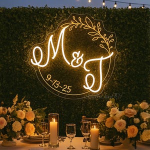 Custom Wedding Initials Neon Sign,Minimalist Wedding Monogram,Couple Name Light,Mr and Mrs Monogram,Rustic Wedding Backdrop Reception Decor