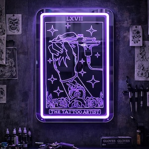 Led-neonbord tattoo-spiegel op maat, wanddecoratie tarotkaart, kunst aan de muur tattoostudio, cadeau voor tatoeëerder