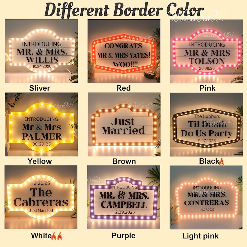 K&ouml;nnte beinhalten: Eine Sammlung beleuchteter Hochzeitsschilder mit verschiedenen Rahmenfarben, darunter Silber, Rot, Pink, Gelb, Braun, Schwarz, Wei&szlig;, Lila und Hellrosa. Jedes Schild zeigt Namen und Daten, perfekt f&uuml;r Hochzeitsdekorationen.