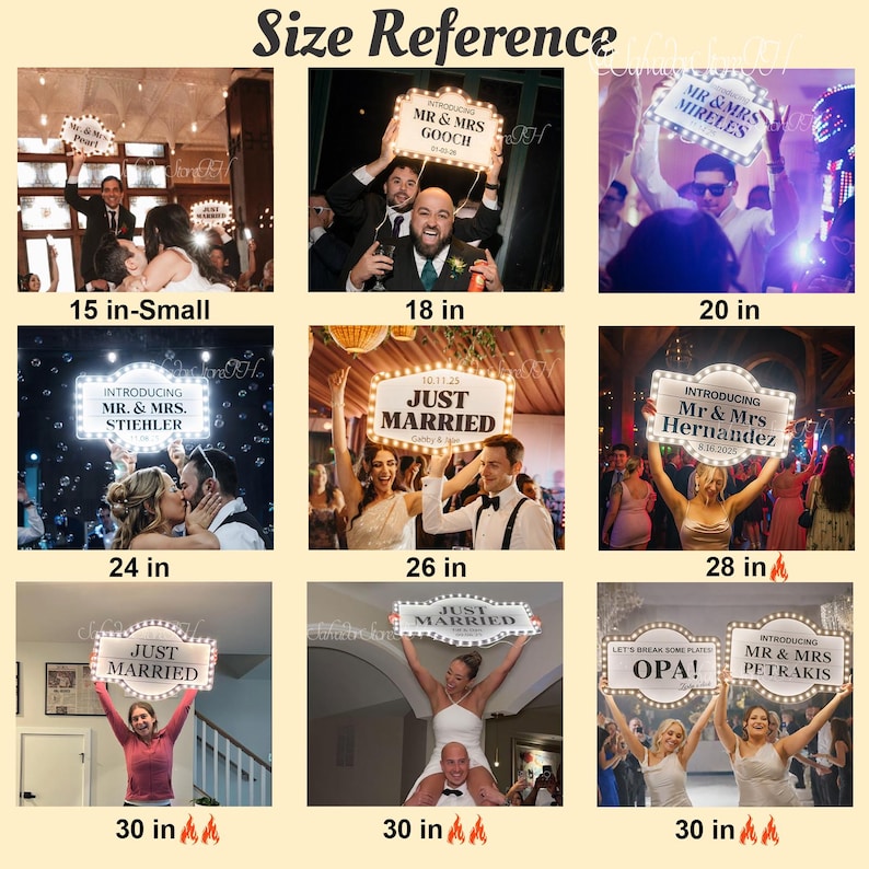 K&ouml;nnte beinhalten: Eine Sammlung beleuchteter Hochzeitsschilder mit Aufschriften wie "Just Married" und "Introducing Mr. & Mrs.". Gr&ouml;&szlig;en von 38 cm bis 76 cm. Die Schilder werden auf Hochzeitsfeiern gezeigt.