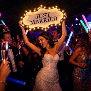 K&ouml;nnte beinhalten: Eine Braut in einem glitzernden wei&szlig;en Hochzeitskleid h&auml;lt freudig ein beleuchtetes Schild mit der Aufschrift "JUST MARRIED" &uuml;ber ihrem Kopf. Das Schild ist von dekorativen Lichtern umgeben. G&auml;ste feiern mit Leuchtst&auml;ben und Champagner.