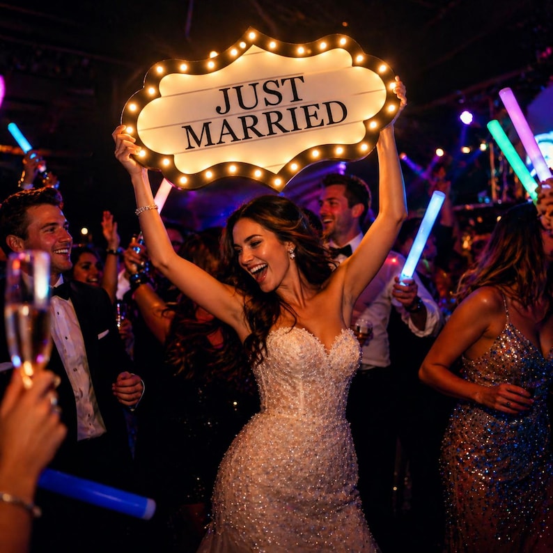 K&ouml;nnte beinhalten: Eine Braut in einem glitzernden wei&szlig;en Hochzeitskleid h&auml;lt freudig ein beleuchtetes Schild mit der Aufschrift "JUST MARRIED" &uuml;ber ihrem Kopf. Das Schild ist von dekorativen Lichtern umgeben. G&auml;ste feiern mit Leuchtst&auml;ben und Champagner.