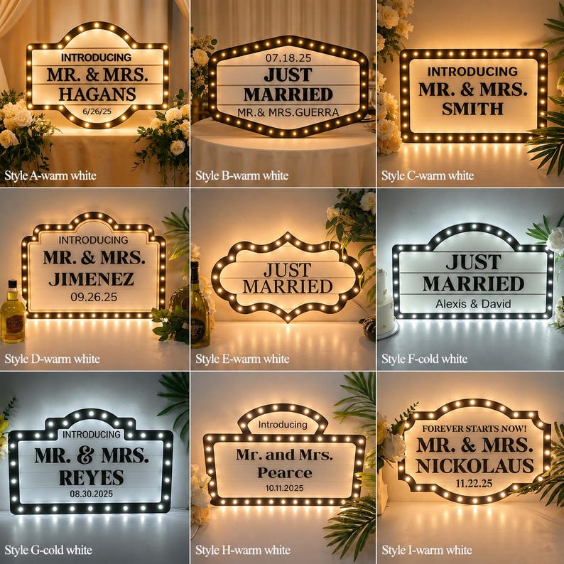 K&ouml;nnte beinhalten: Eine Sammlung beleuchteter Hochzeitsschilder mit verschiedenen Designs und Texten. Die Schilder zeigen S&auml;tze wie "Just Married" und "Mr. & Mrs." zusammen mit Namen und Daten. Jedes Schild ist mit warmen oder kalten wei&szlig;en Lichtern umrandet, was eine festliche Atmosph&auml;re schafft.
