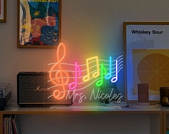 Personalized Music Teacher Neon Sign, Music Education Sign,Piano Teacher Gift,Music Name Sign, Sol Key Music Notes Led Sign,Treble Clef Sign