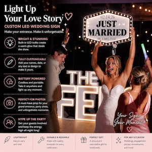 K&ouml;nnte beinhalten: Ein individuelles LED-Hochzeitsschild mit der Aufschrift "JUST MARRIED" und dem Datum 02.14.26. Das Schild, das von einer Braut gehalten wird, wird von hellen LED-Leuchten beleuchtet. Ein Muss f&uuml;r Hochzeitsfotos.
