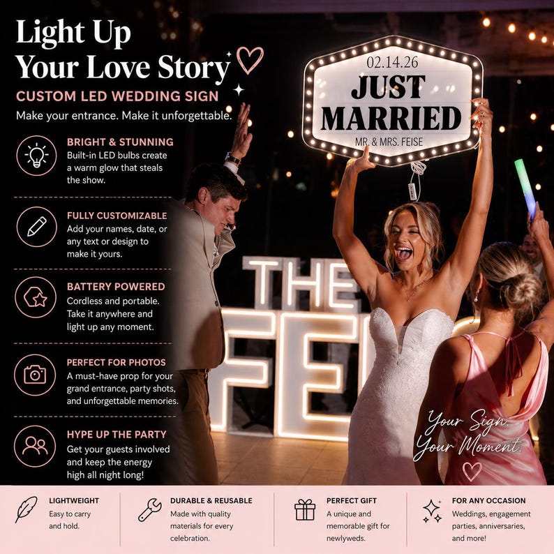 K&ouml;nnte beinhalten: Ein individuelles LED-Hochzeitsschild mit der Aufschrift "JUST MARRIED" und dem Datum 02.14.26. Das Schild, das von einer Braut gehalten wird, wird von hellen LED-Leuchten beleuchtet. Ein Muss f&uuml;r Hochzeitsfotos.