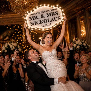 K&ouml;nnte beinhalten: Ein Brautpaar feiert seine Hochzeit. Die Braut tr&auml;gt ein wei&szlig;es tr&auml;gerloses Brautkleid und der Br&auml;utigam tr&auml;gt einen schwarzen Smoking. Die Braut h&auml;lt ein beleuchtetes Schild mit der Aufschrift "FOREVER STARTS NOW! MR. & MRS. NICKOLAUS 11.22.25".