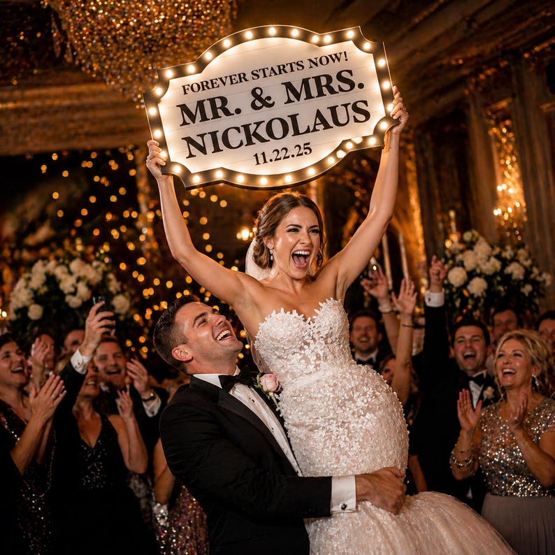 K&ouml;nnte beinhalten: Ein Brautpaar feiert seine Hochzeit. Die Braut tr&auml;gt ein wei&szlig;es tr&auml;gerloses Brautkleid und der Br&auml;utigam tr&auml;gt einen schwarzen Smoking. Die Braut h&auml;lt ein beleuchtetes Schild mit der Aufschrift "FOREVER STARTS NOW! MR. & MRS. NICKOLAUS 11.22.25".