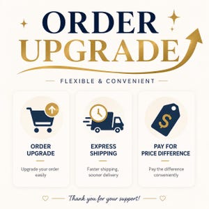 May include: An infographic with the words "ORDER UPGRADE" in navy blue and gold. It highlights flexible and convenient options, including order upgrades, express shipping, and paying the price difference. The text "Thank you for your support!" is at the bottom.