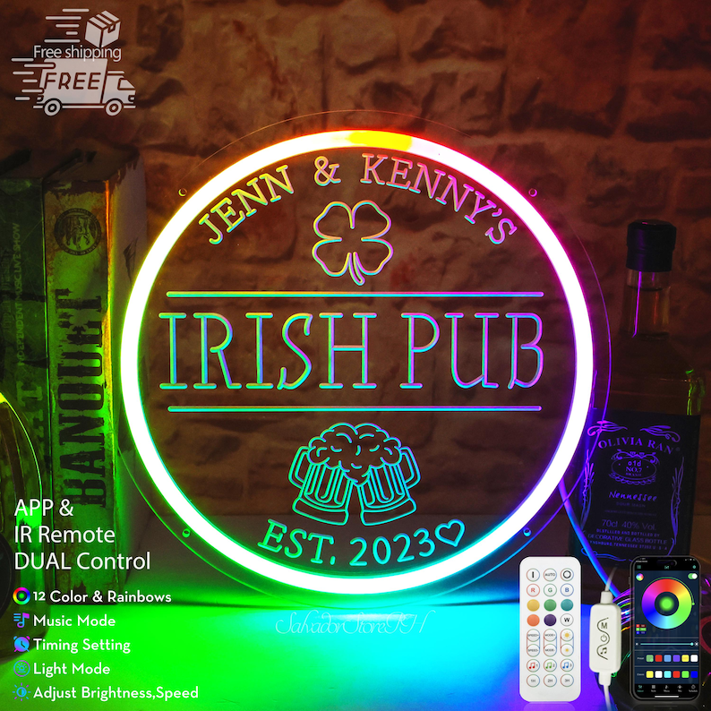 Custom Irish Pub Neon Sign: St. Patrick's Day Decor,Neon bar sign,Christmas gift for husband Rainbow color