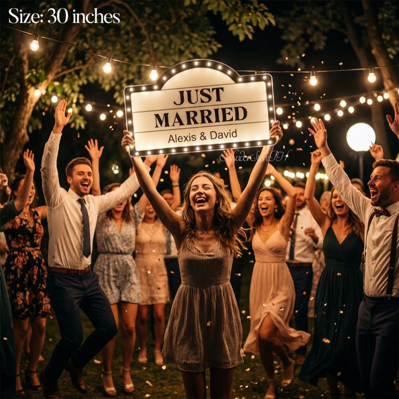 K&ouml;nnte beinhalten: Ein beleuchtetes Schild mit der Aufschrift "JUST MARRIED" und den Namen "Alexis & David" wird von einer Frau in einer Menschenmenge hochgehalten. Das Schild ist 76 cm breit und hat einen Rand aus kleinen Lichtern. Die Leute feiern eine Hochzeit.