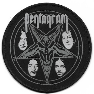May include: Black and gray embroidered patch with a pentagram, a goat's head, and four faces. The text "Pentagram" is written in a gothic font.
