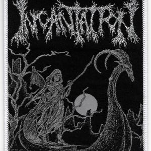 May include: Black patch with white stitched border featuring the word "Incantation" in a distressed, gothic font. The patch depicts a robed figure with a staff, a full moon, and a stylized boat, all in shades of gray.