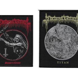 May include: Two black embroidered patches with the band name "Diurnal Graves" in gold lettering. The left patch features a black and white image of a figure holding a knife with the text "Satan's Cross" below. The right patch features a black and white image of a creature with the text "TITAN" below.