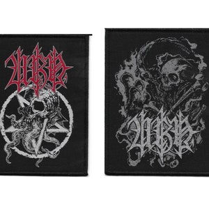 May include: Two black fabric patches with white and gray printed designs. The first patch features a red logo with the word "WREATH" and a skull with tentacles inside a pentagram. The second patch features a skull with tentacles and the word "WREATH" in a stylized font.