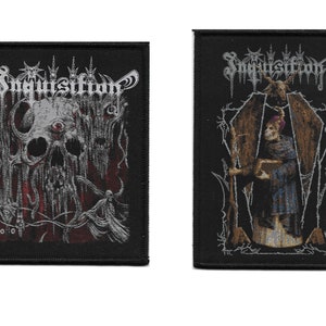 May include: Two black embroidered patches with the band name "Inquisition" in white lettering. The left patch features a skull with an eye in the center, surrounded by thorns and a red background. The right patch shows a figure in a hooded robe holding a staff, standing in front of a coffin.