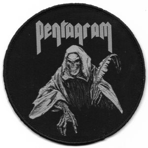 May include: Black and white embroidered patch with the text "Pentagram" and a hooded figure with a skeletal face.