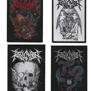 May include: Set of four black and white embroidered patches with the band name "REKLUSE" in a black metal font. Each patch features a different graphic design: a wasp, a hooded figure, a skull, and a snake.