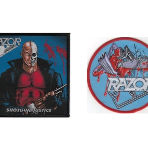 May include: Two patches featuring the word "RAZOR". One is square with a man with a skull face, holding a gun, and the text "SHOTGUN JUSTICE". The other is round with a graphic design and the word "RAZOR". Both have a black border.