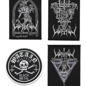 May include: Four black and white embroidered patches with band logos. The top left patch features a silver and white image of a demon with the band name "Watain" and the text "Rabid Death's Curse" below. The top right patch features a silver and white image of a trident with snakes and the band name "Watain" below. The bottom left patch features a white skull and crossbones with the text "Watain Militia XIII Black Metal". The bottom right patch features a silver and white image of a triangle with a skull and the text "Watain Earless Darkness".