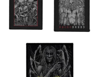 May include: Three black and white embroidered patches with the band name "Desiccated" in red, white, and yellow lettering. The patches feature different images of a creature with a skull-like face.