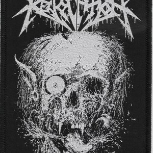 May include: Black and white embroidered patch with the text "REVOLUTION" in a stylized font. The patch features a detailed image of a skull with a gaping mouth and a single visible eye.