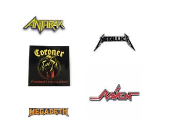 Metal Band Logo Enamel Pin Bundle: Anthrax, Coroner, Megadeth, Metallica, Raven