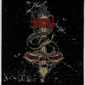 May include: Black patch featuring a stylized design with a snake wrapped around a cross. The word "Tyrant" is in red at the top, with "Reclaim the flame" on a banner below. The design has a distressed, vintage look.