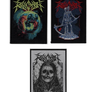 May include: Three black patches with gothic-style illustrations. One patch features a colorful, grotesque creature. Another depicts a skeletal figure with a scythe. The third shows a skull with intricate details, all with the band name in a spiky font.